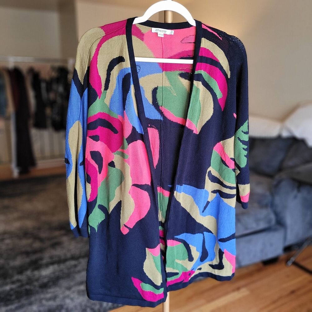 Chico's Women's Multicolor Floral Print Cardigan Open Front Size 2 Large